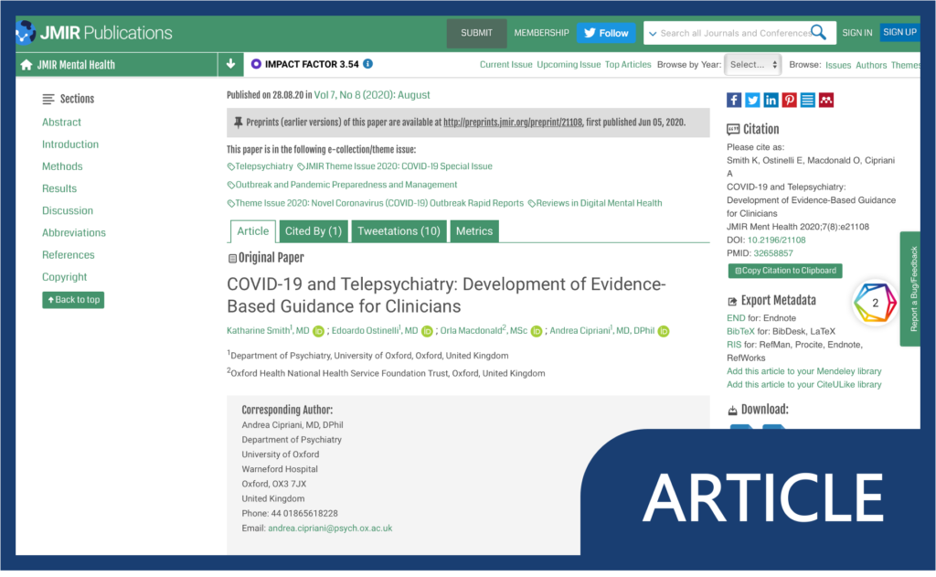 COVID-19 and Telepsychiatry: Development of Evidence-Based Guidance for Clinicians