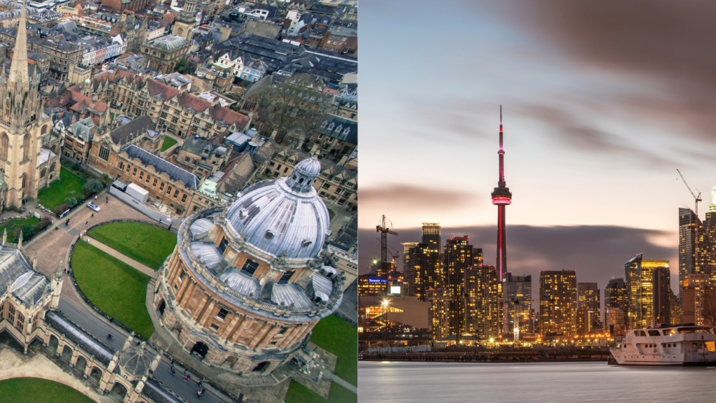 Skylines of Oxford and Toronto side by side