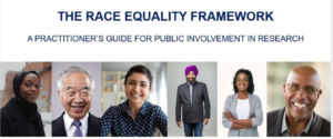 A screenshot from the race equality frame work website showing the framework's title above six images of researchers from a range of ethnicities.
